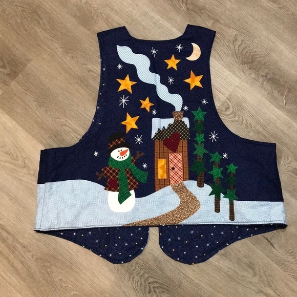 Snowman Star Winter Christmas Vest Blue Teacher Cabin Holiday Kitsch - Picture 5 of 5